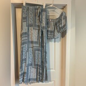 Pink Lily Light Blue Patterned Maxi Skirt & crop top